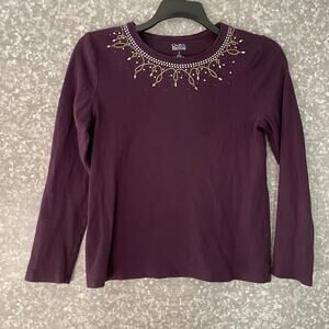 Croft & Barrow Purple Holiday Trim Long Sleeve Tee - Size Small - Christmas Top